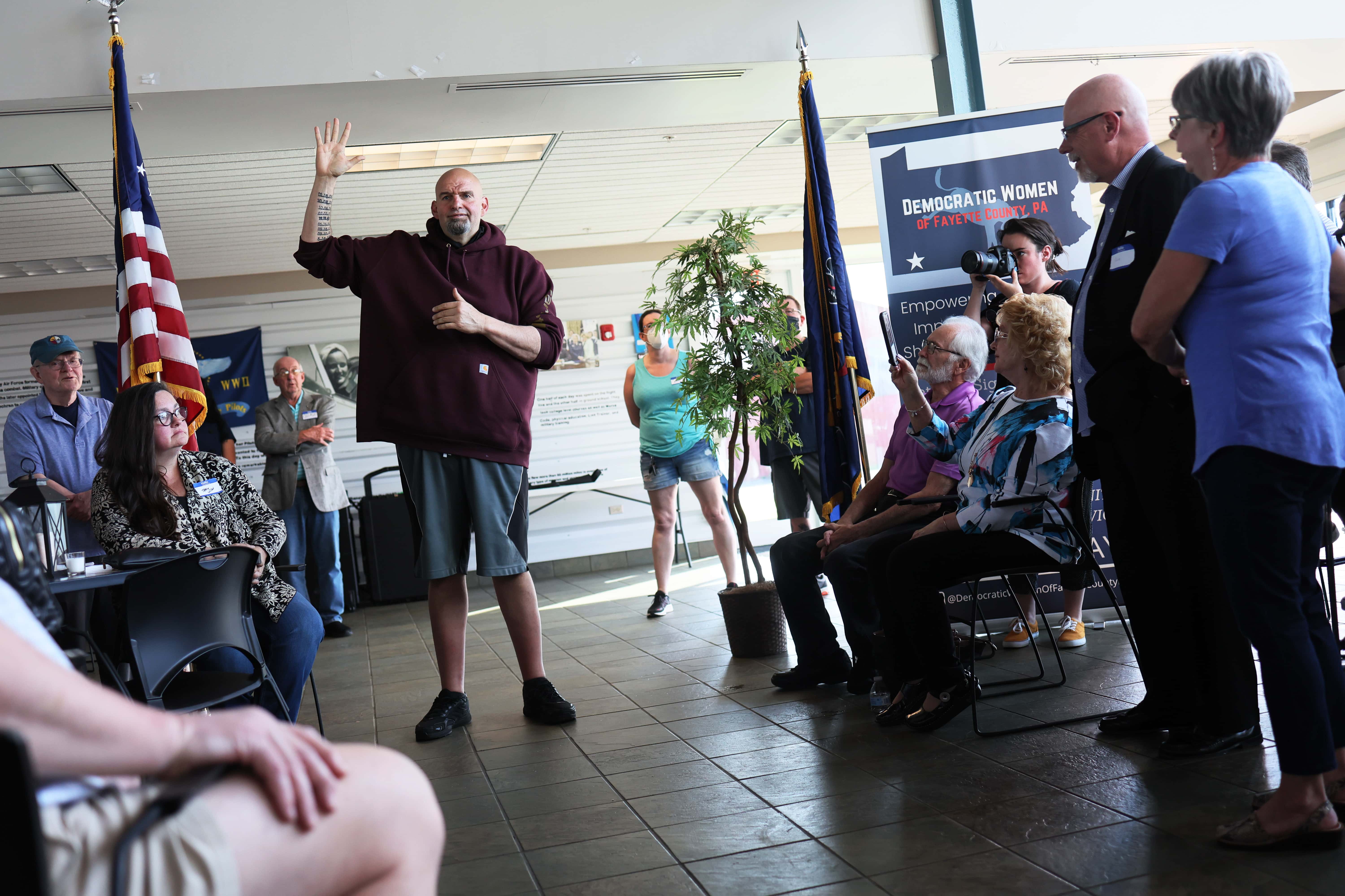 LEMONT FURNACE, PENNSYLVANIA - MAY 10: Pennsylvania Lt. Gov. John Fetterman campaigns for U.S. Senat