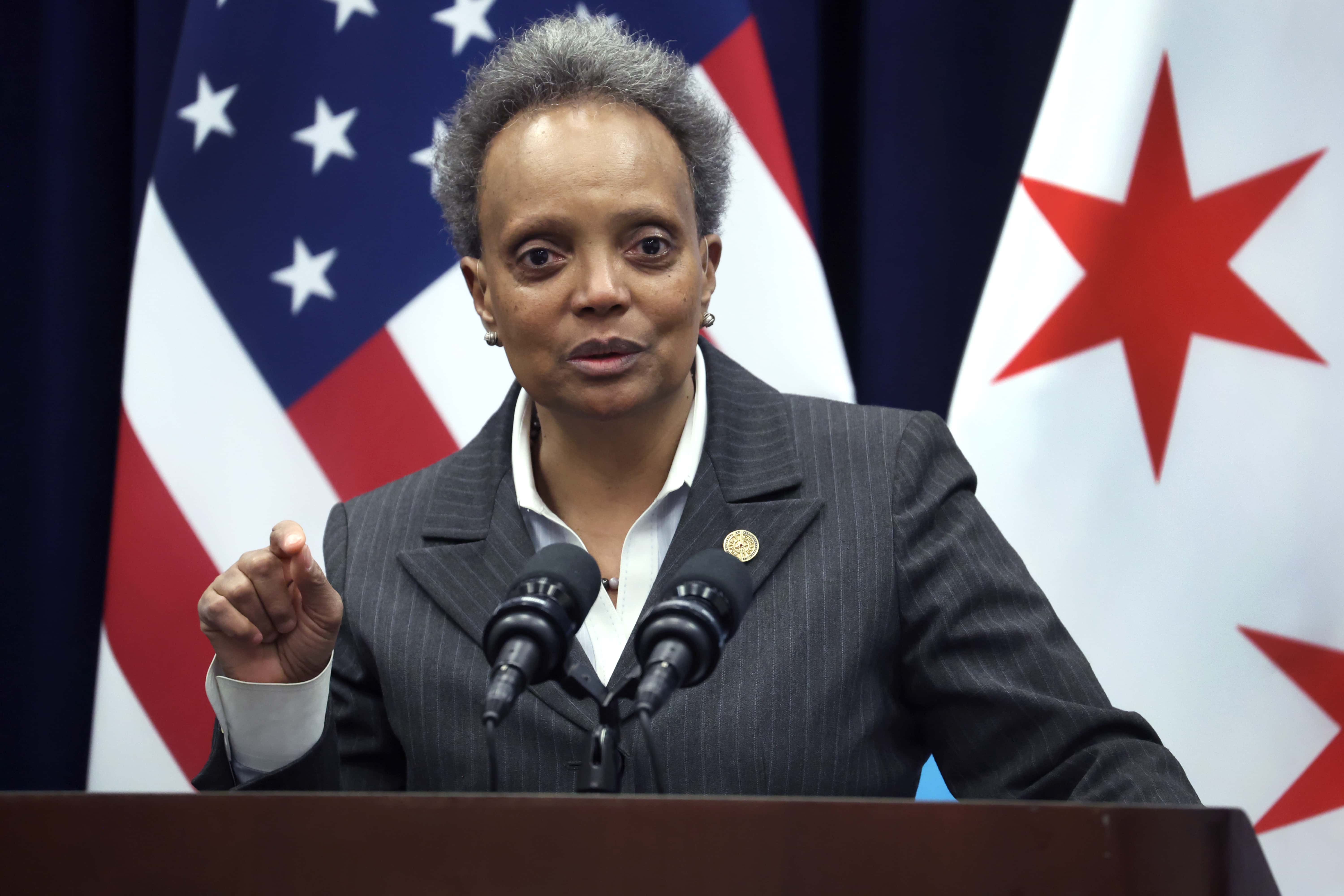 Chicago Mayor Lori Lightfoot speaks to the media following a city council meeting on February 01, 2023 in Chicago, Illinois. Lightfoot is currently running for reelection against 8 other candidates.