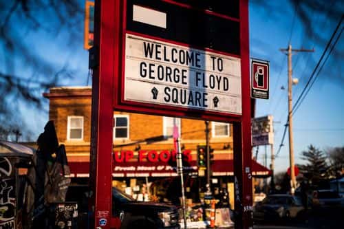 A sign reads Welcome to George Floyd Square at the memorial site surrounding the location George Floyd was killed on January 20, 2022 in Minneapolis, Minnesota. Jury selection begins today in the federal trial of three former Minneapolis Police officers who are accused of violating George Floyds civil rights when he was killed in their custody on May 25, 2020. (Photo by Stephen Maturen/Getty Images)
