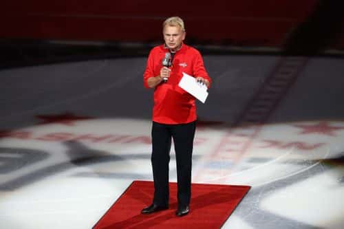 Television personality Pat Sajak introduces players prior to Game Three of the 2018 NHL Stanley Cup Final between the Vegas Golden Knights and the Washington Capitals at Capital One Arena on June 2, 2018 in Washington, DC.