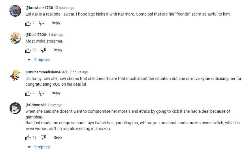 Comments left on Kai Cenat (xqc clips/YouTube)