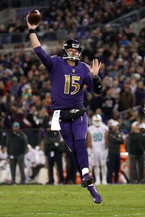 Quarterback Ryan Mallett #15 of the Baltimore Ravens throws against the Miami Dolphins during the second half at M&T Bank Stadium on October 26, 2017 in Baltimore, Maryland.