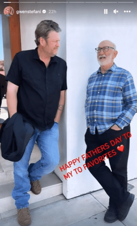 Gwen Stefani posts picture of Blake Shelton and her father Dennis on her Instagram Stories Sunday to commemorate Father's Day (Instagram/@gwenstefani)