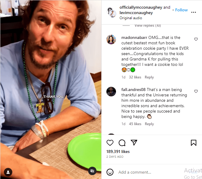 Fans of the actor and writer Matthew McConaughey congratulated him on social media on his literary milestone (officiallymcconaughey/Instagram)
