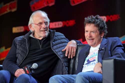 Actors Christopher Lloyd (L) and Michael J. Fox attend a