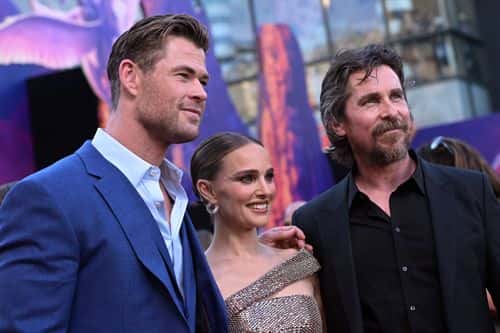 (L-R) Chris Hemsworth, Natalie Portman and Christian Bale attend the Thor: Love and Thunder World Premiere at the El Capitan Theatre in [Hollywood], California on June 23, 2022.