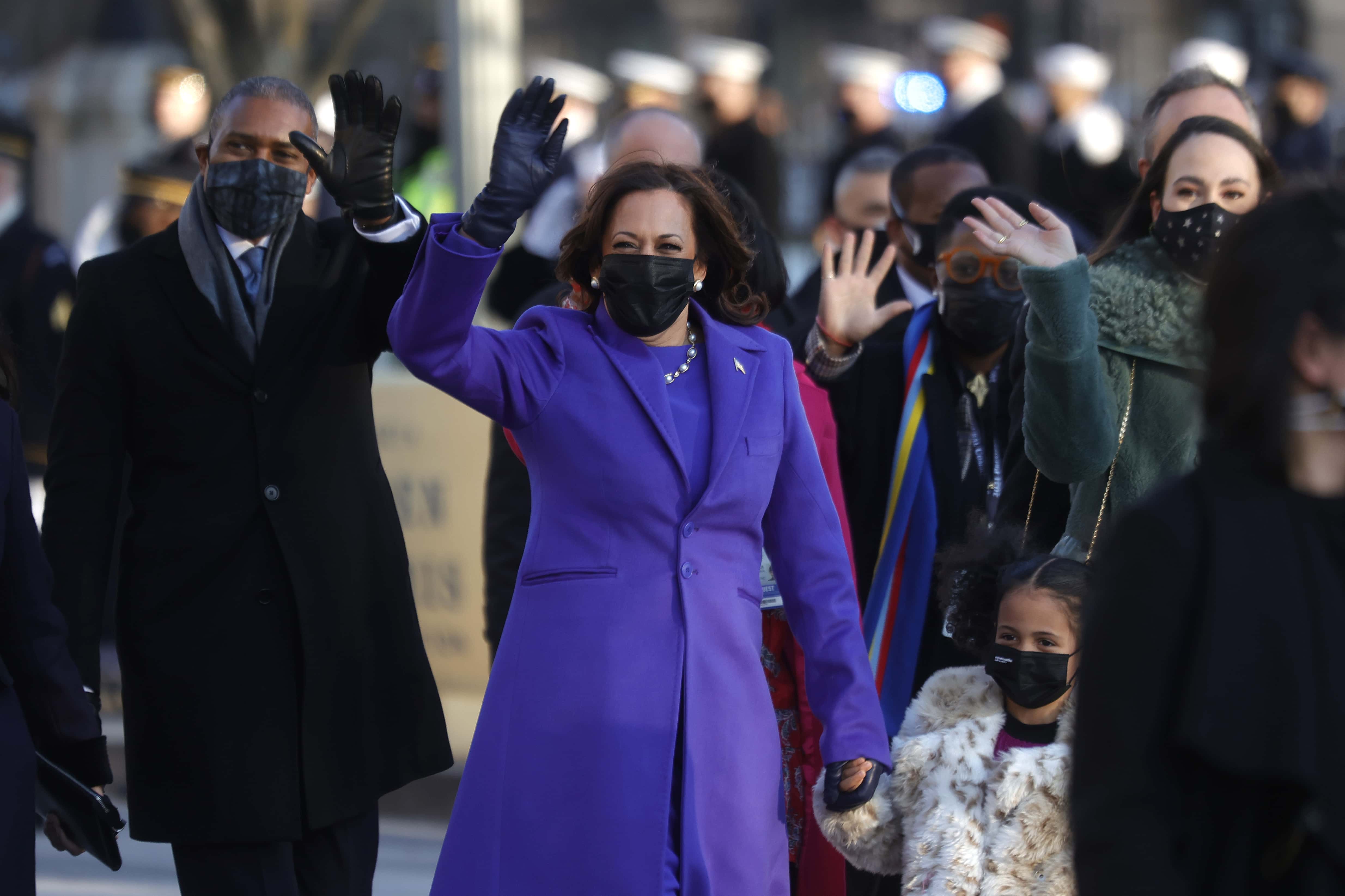 WASHINGTON, DC - JANUARY 20:   U.S. Vice President Kamala Harris walks the abbreviated parade route 