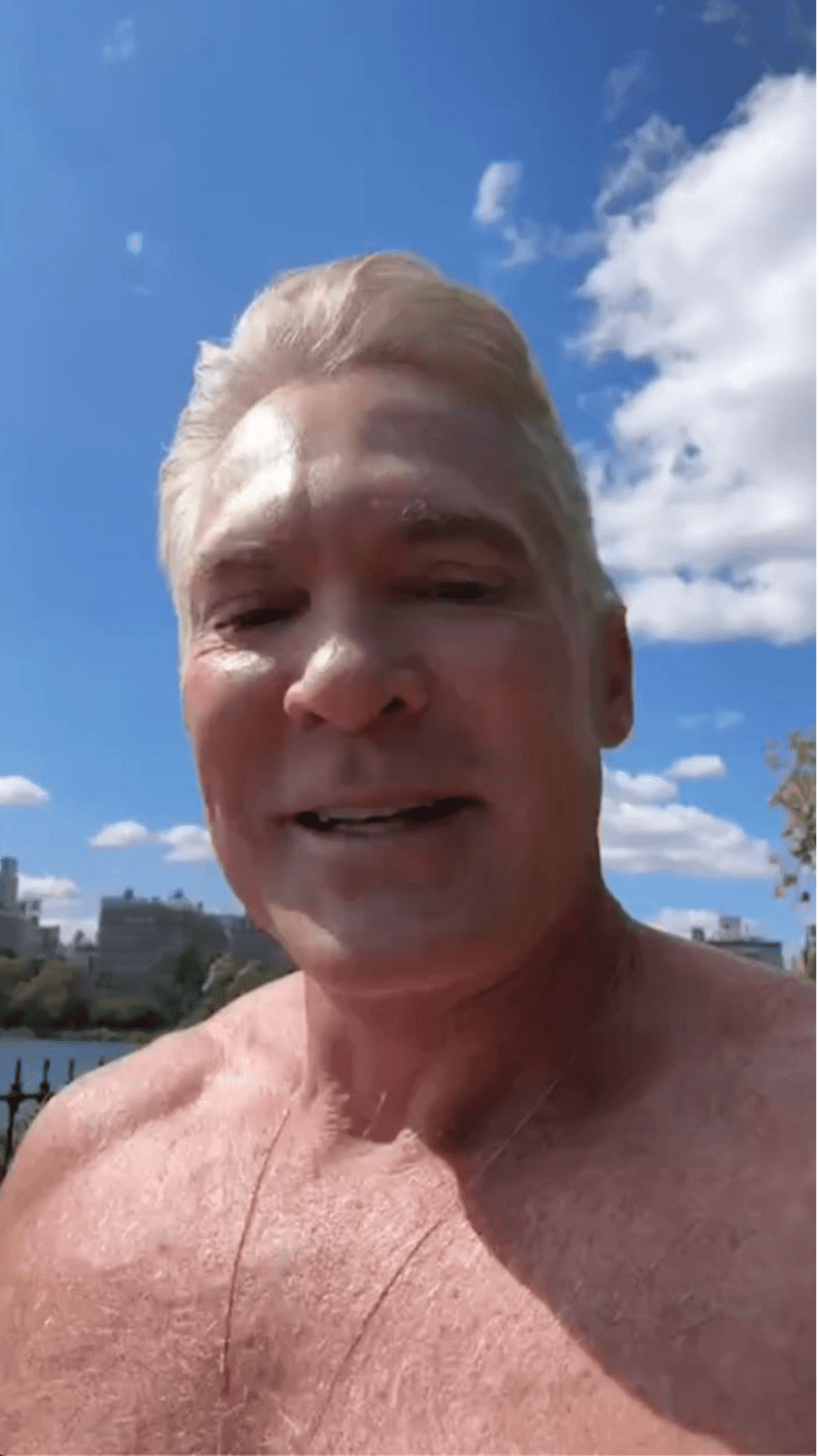 Sam Champion walked around bare chested as he addressed his health problems on Instagram Live (@samchampion/Instagram)