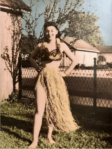 June Malicote donned the grass skirt Hubert Malicote sent her while he was stationed in Hawaii during World War II. This is the photo she sent him back. (Photo courtesy the Malicote family)
