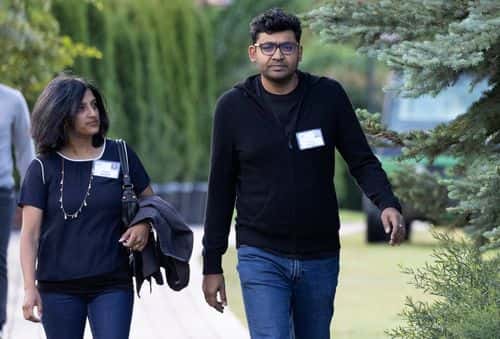 Parag Agrawal, CEO of Twitter, and his wife Vineeta Agarwal, walk to a morning session during the Allen & Company Sun Valley Conference on July 07, 2022 in Sun Valley, Idaho. The world's most wealthy and powerful businesspeople from the media, finance, and technology will converge at the Sun Valley Resort this week for the exclusive conference.