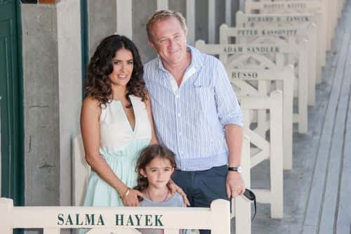 Salma Hayek poses her husband Francois-Henri Pinault with their daughter Valentina Paloma Pinault as she unveiled the beach locker room dedicated to her on the Promenade des Planches during the 38th Deauville American Film Festival on September 8, 2012 in Deauville, France.