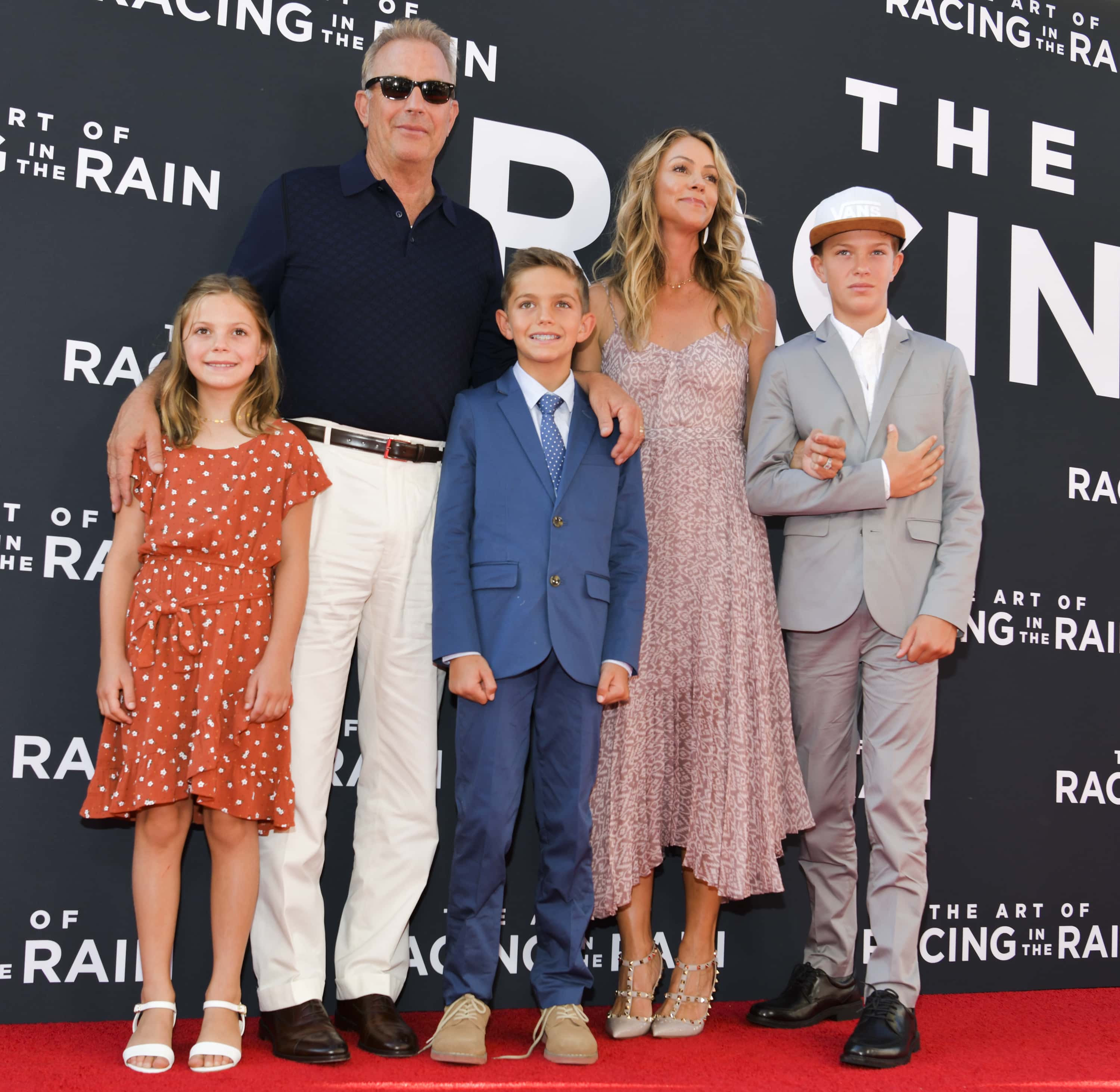 (L-R) Grace Avery Costner, Kevin Costner, Hayes Logan Costner, Christine Baumgartner, and Cayden Wyatt Costner attend the premiere of 20th Century Fox's 