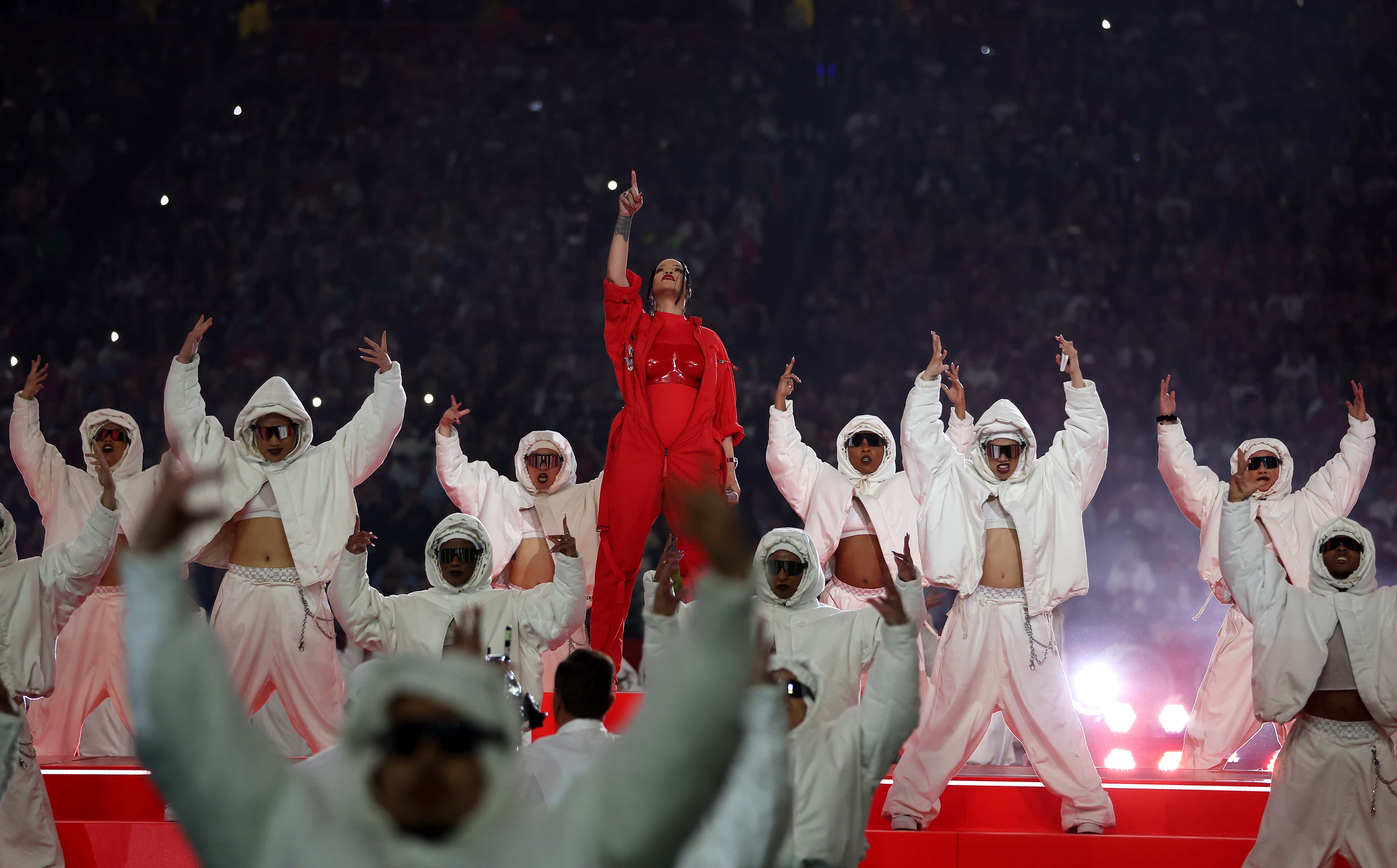 Rihanna performs onstage during the Apple Music Super Bowl LVII Halftime Show at State Farm Stadium on February 12, 2023 in Glendale, Arizona (Gregory Shamus/Getty Images)