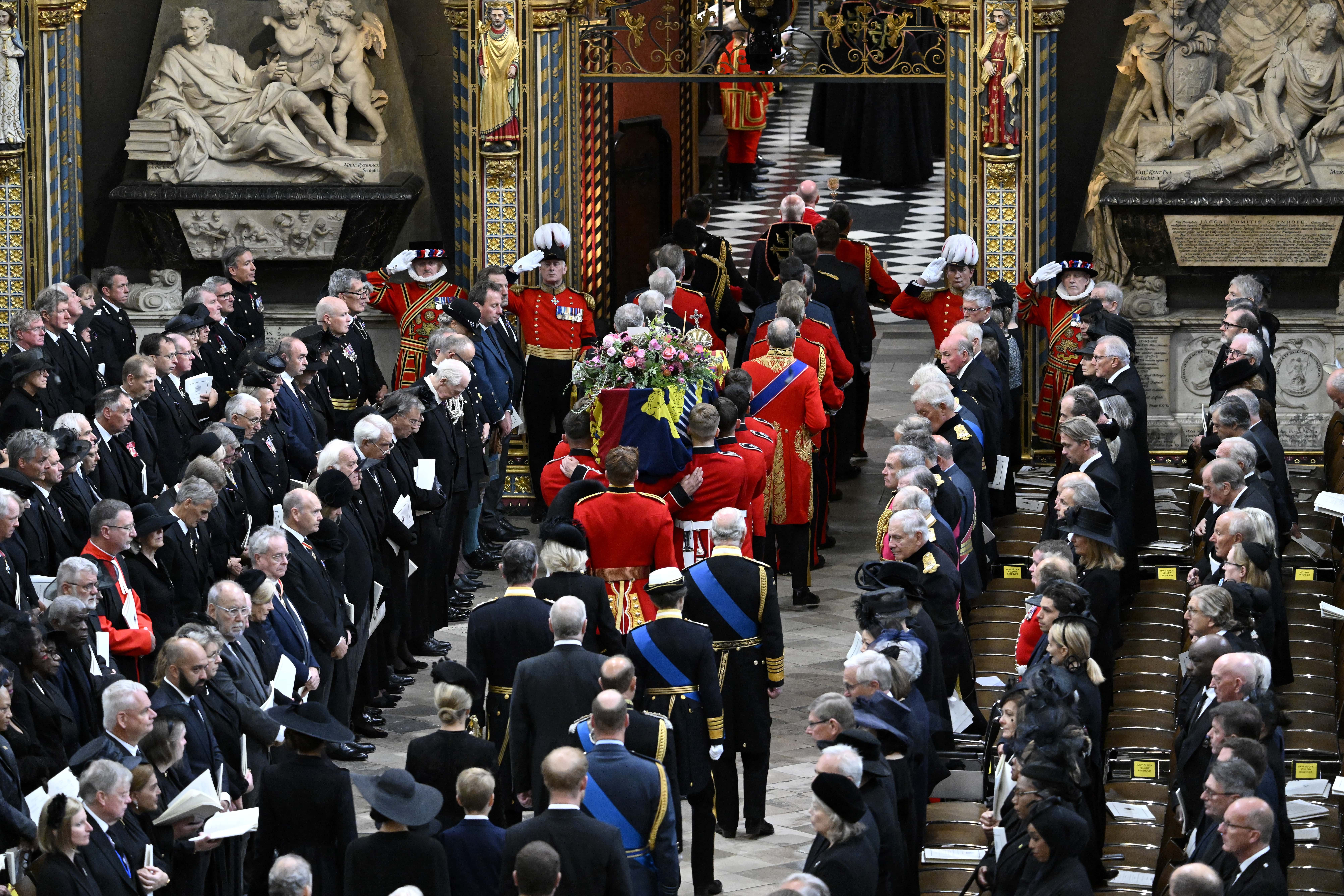 The coffin of Queen Elizabeth II with the Imperial State Crown resting on top is carried by the Bearer Party into Westminster Abbey during the State Funeral of Queen Elizabeth II on September 19, 2022 in London, England. Elizabeth Alexandra Mary Windsor was born in Bruton Street, Mayfair, London on 21 April 1926. She married Prince Philip in 1947 and ascended the throne of the United Kingdom and Commonwealth on 6 February 1952 after the death of her Father, King George VI. Queen Elizabeth II died at Balmoral Castle in Scotland on September 8, 2022, and is succeeded by her eldest son, King Charles III.
