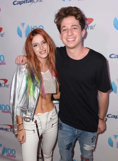 Actress Bella Thorne (L) and Charlie Puth attend the Y100's Jingle Ball 2016 - PRESS ROOM at BB&T Center on December 18, 2016 in Sunrise, Florida.