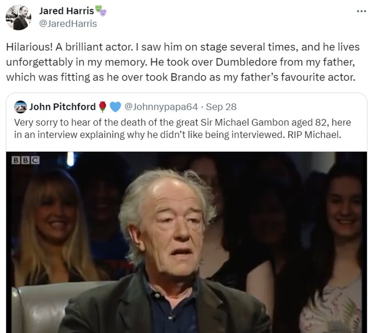 Jared Harris shared a tribute to Sir Michael Gambon (X/@JaredHarris)