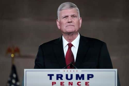 Rev. Franklin Graham, son of the late evangelical Christian leader Billy Graham, pre-records his invocation to the Republican National Convention at the Mellon Auditorium on August 27, 2020 in Washington, DC. The convention is being held virtually due to the coronavirus pandemic but includes speeches from various locations including Charlotte, North Carolina, Washington, DC, and Baltimore, Maryland. (Photo by Drew Angerer/Getty Images)