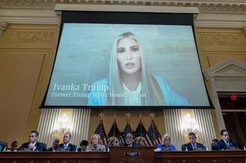Ivanka Trump is displayed on a screen during a hearing by the Select Committee to Investigate the January 6th Attack on the U.S. Capitol on June 09, 2022 in Washington, DC. The bipartisan committee, which has been gathering evidence related to the January 6 attack at the U.S. Capitol for almost a year, will present its findings in a series of televised hearings. On January 6, 2021, supporters of President Donald Trump attacked the U.S. Capitol Building during an attempt to disrupt a congressional vote to confirm the electoral college win for Joe Biden.