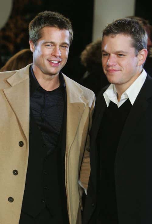 Actors Matt Damon (R) and Brad Pitt arrive at the German Premiere for the film 