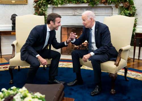 U.S. President Joe Biden and French President Emmanuel Macron meet in the Oval Office at the White House on December 01, 2022 in Washington, DC. President Biden is hosting Macron for the first official state visit of the Biden administration. (Photo by Doug Mills-Pool/Getty Images)