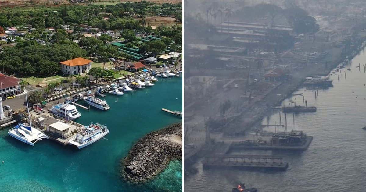 Before (L) and after the wildfires: Lahaina island is left as nothing but a disaster after the Maui wildfires (LahainaTown Official Website)