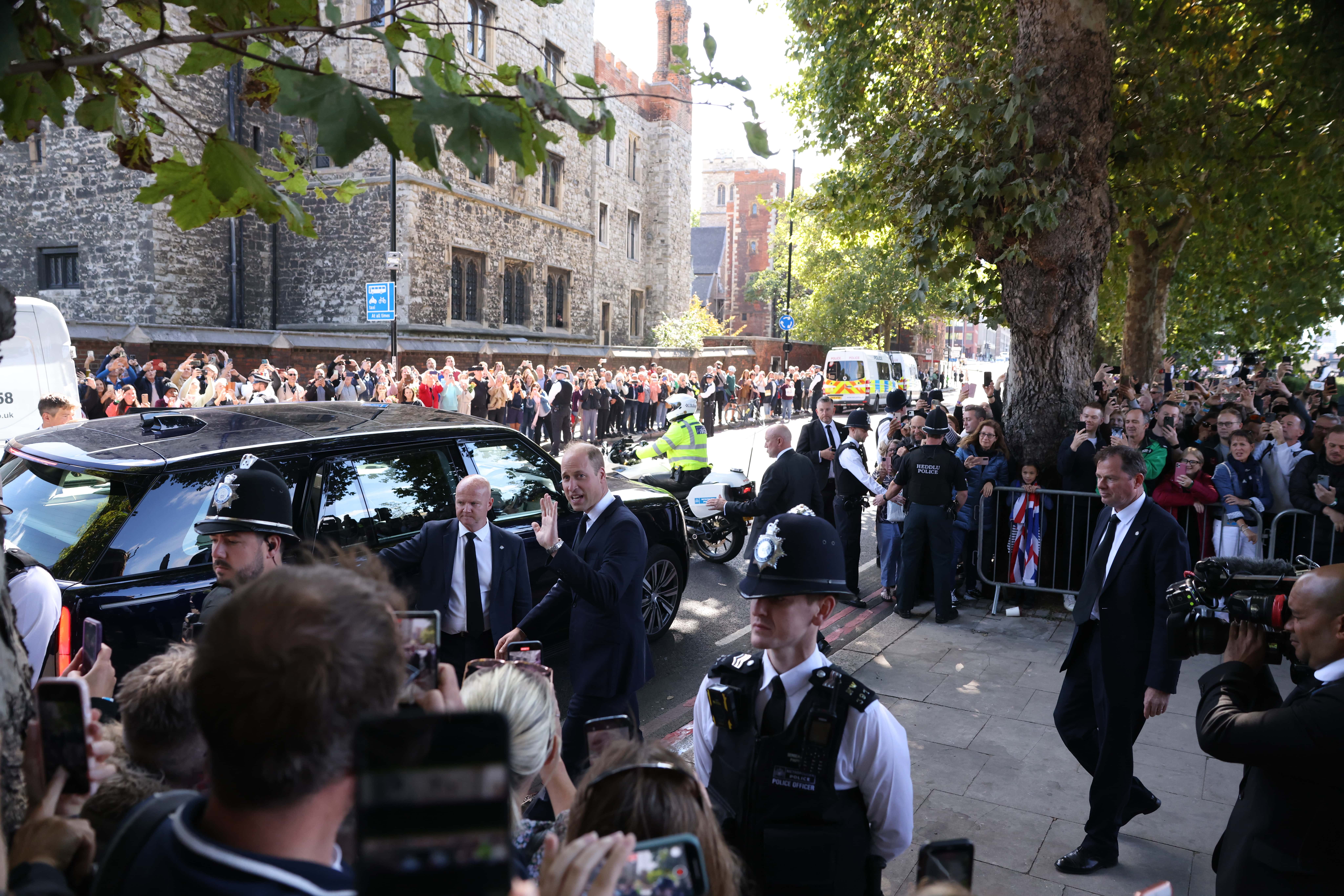 Prince William, Prince of Wales arrives to greet members of the public queueing to see the Queen lying in state along the River Thames in Lambeth on September 17, 2022 in London, England. His Majesty The King thanks Emergency Service workers for their work and support ahead of the funeral of Queen Elizabeth II. The Queen died at Balmoral Castle in Scotland on September 8, 2022, and is succeeded by her eldest son, King Charles III.