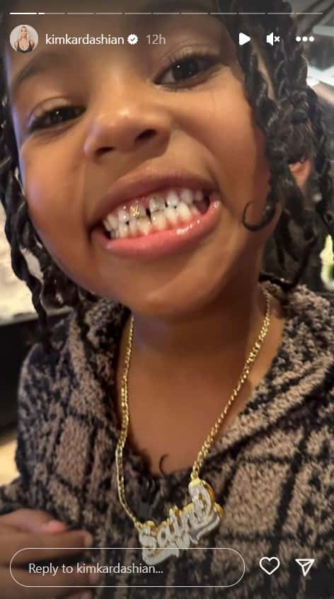 Kim Kardashian's Instagram story showing son Saint, 7, donning gold teeth and diamond necklace (@kimkardashian/Instagram)