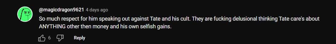 Another user called Tate's fans delusional for believing in Tate (TheNewsMovement/YouTube)