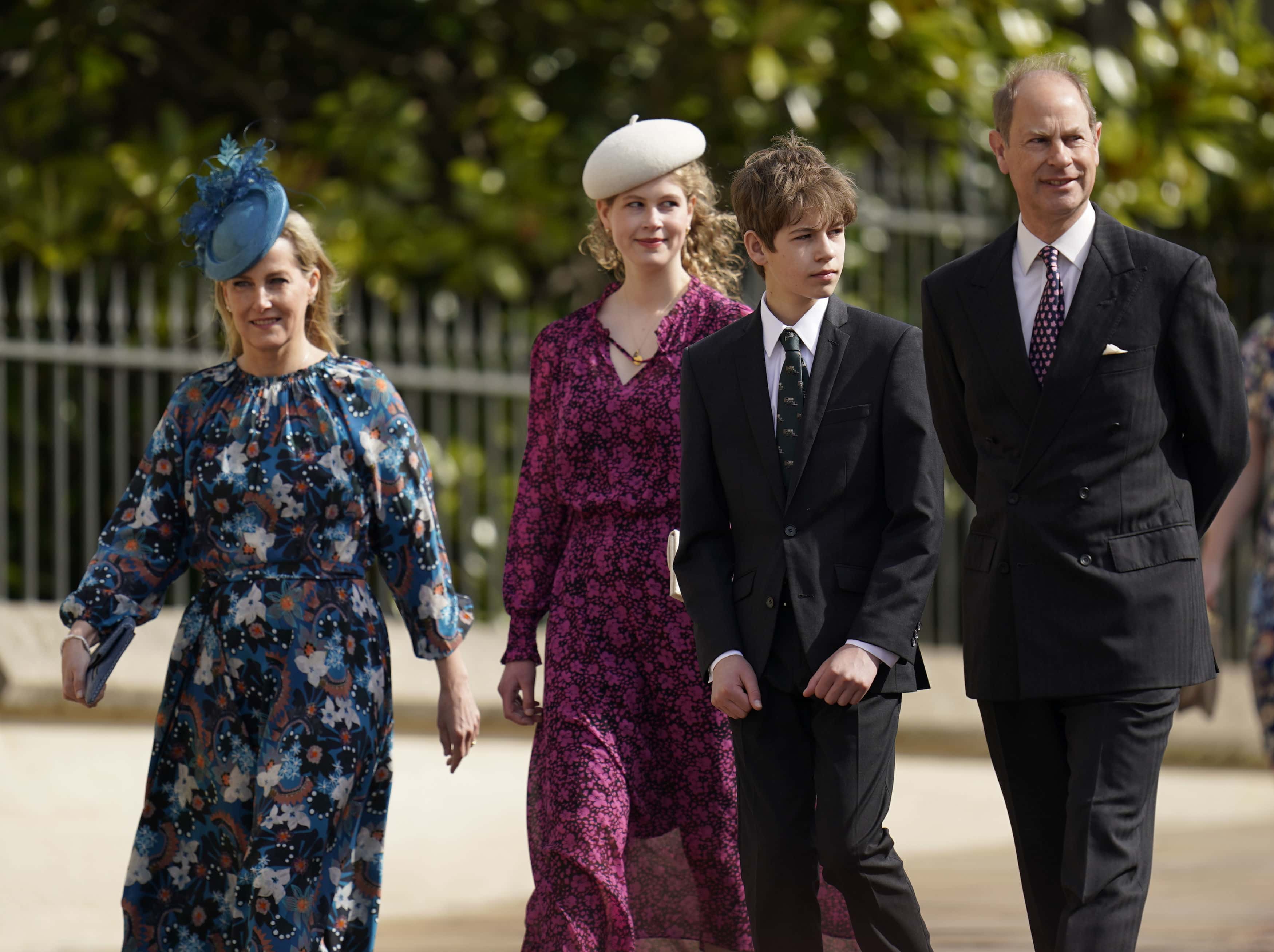 Sophie, Countess of Wessex, Lady Louise Mountbatten-Windsor, James, Viscount Severn and the Prince Edward, Earl of Wessex attend the Easter Matins Service at St George's Chapel at Windsor Castle on April 17, 2022 in Windsor, England.