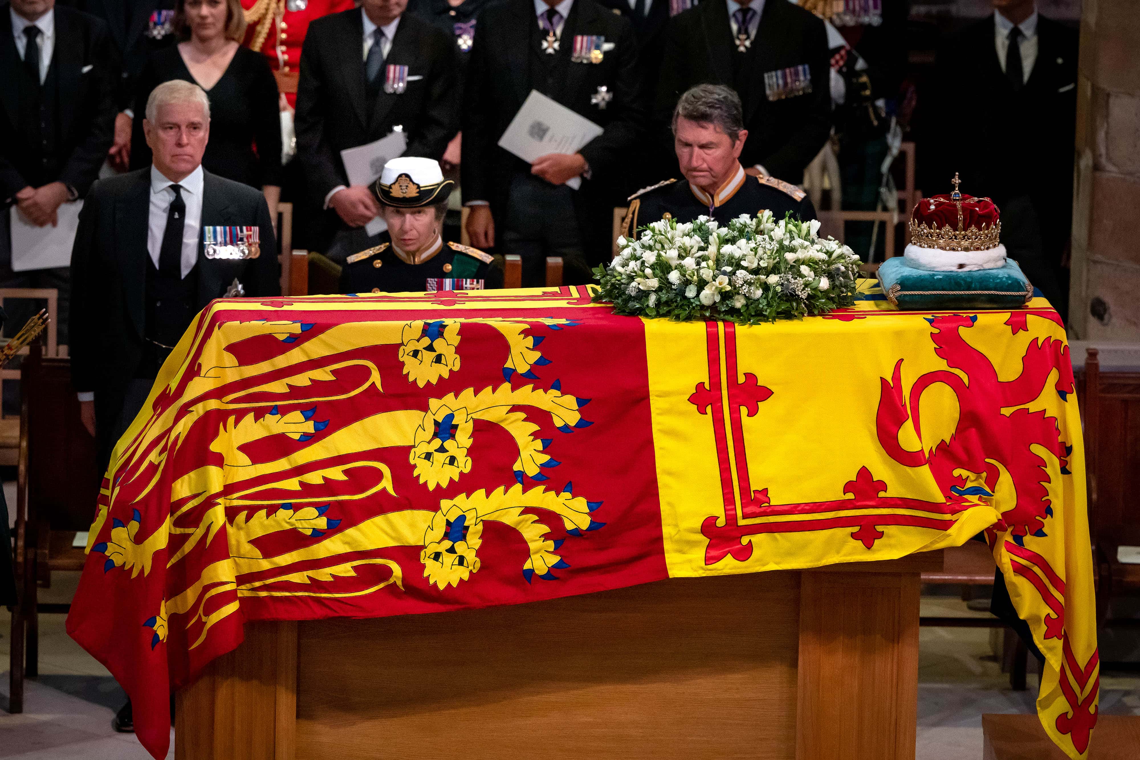 Prince Andrew, Duke of York, Princess Anne, Princess Royal and Vice Admiral Sir Tim Laurence look during a Service of Prayer and Reflection for the Life of Queen Elizabeth II during a Service of Prayer and Reflection for the Life of Queen Elizabeth II at St Giles' Cathedral on September 12, 2022 in Edinburgh, Scotland.  (Photo by Aaron Chown - WPA Pool/Getty Images)