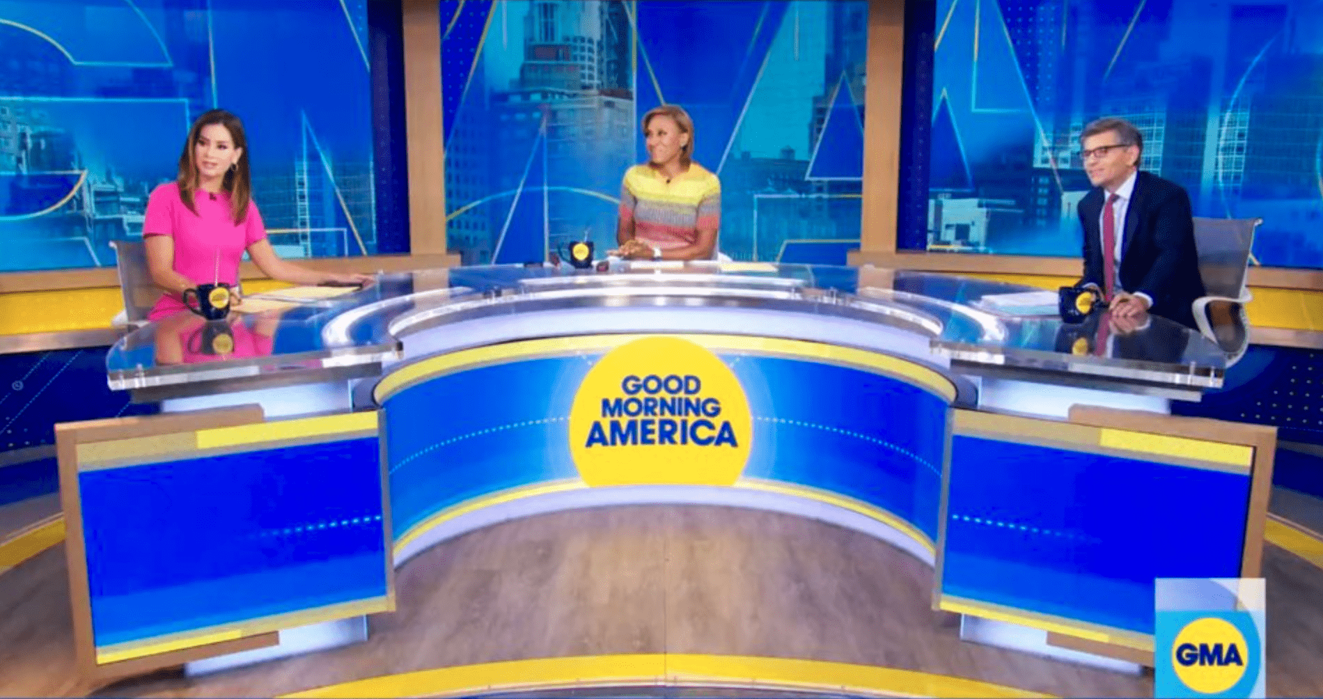 Rebecca Jarvis filled in for Michael Strahan next to Robin Robert and George Stephanopoulos (ABC)