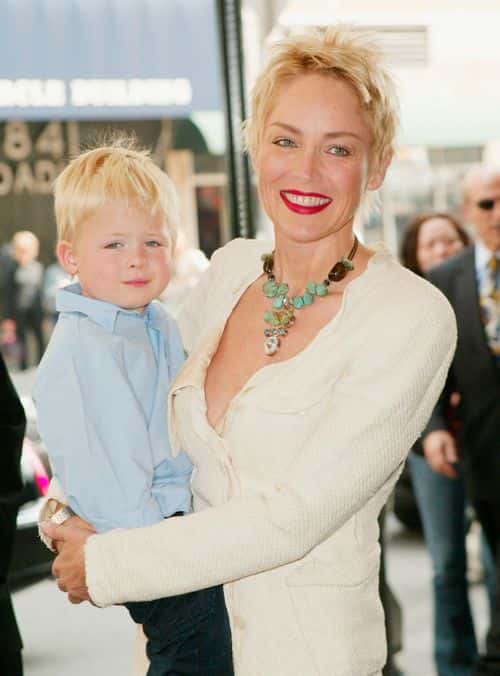 Actress and AIDS activist Sharon Stone and her son Roan Bronstein arrive at the Concerned Parents For AIDS Research Spring Luncheon at The Mandarin Oriental Hotel on April 22, 2004 in New York City.