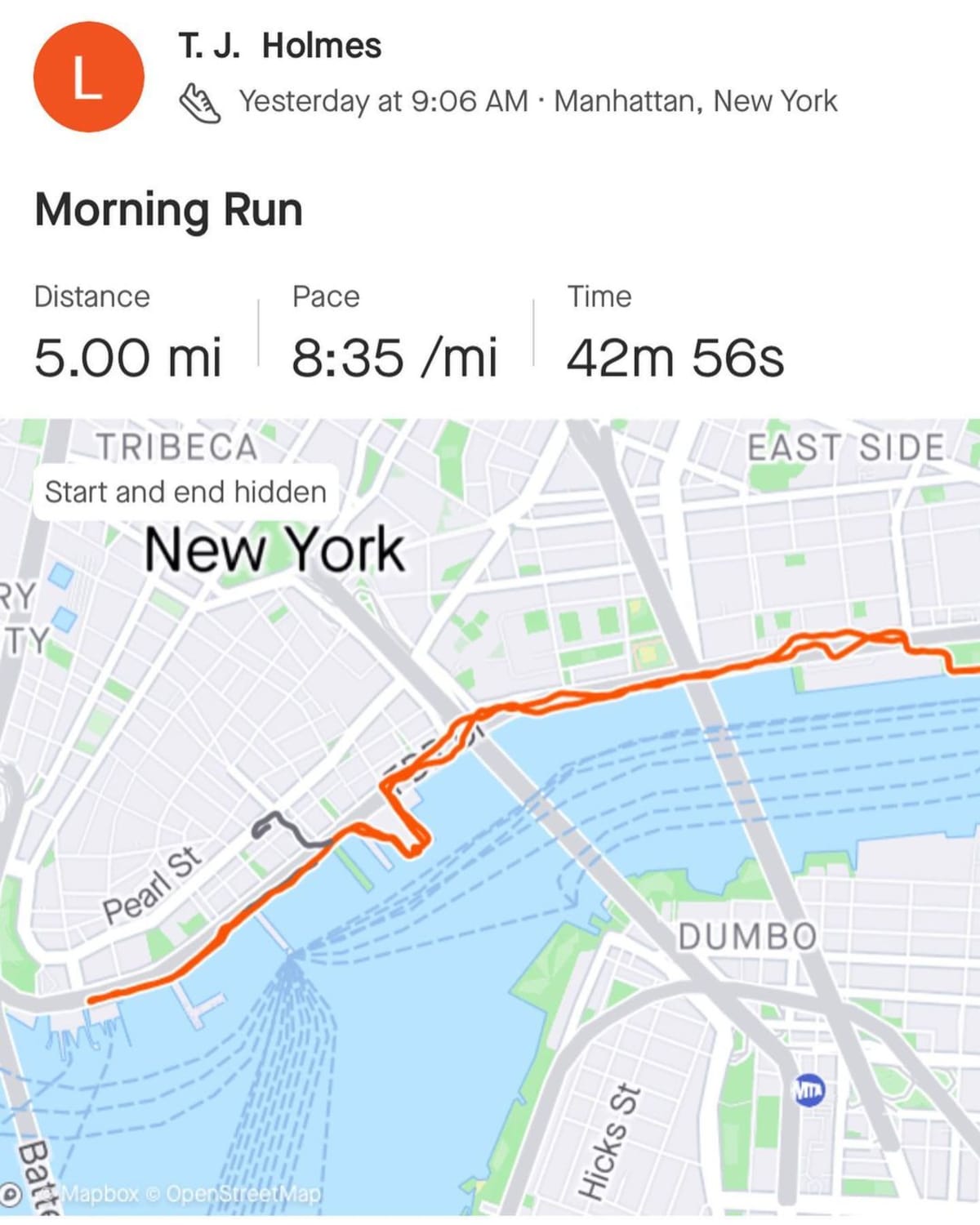 TJ Holmes also shared stats of his brief run which he finsihed in short span of time (@officialtjhomes/Instagram)