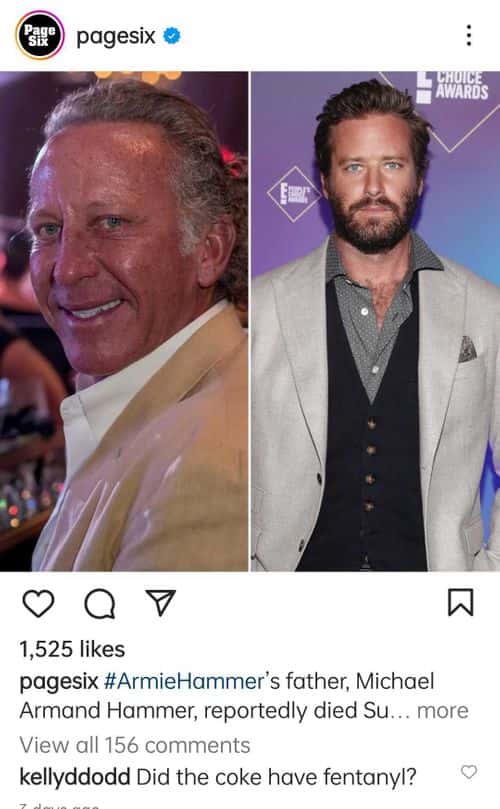 Screenshot of Page Six's announcement of Michael Armand Hamer's death alongside Kelly Dodd's comment speculating if he died of fentanyl overdose (Page Six/ Instagram)