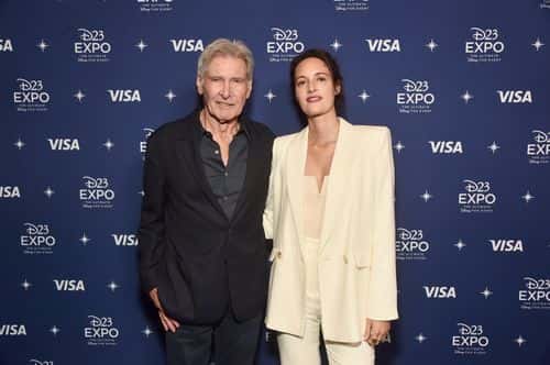(L-R) Harrison Ford and Phoebe Waller-Bridge attend D23 Expo 2022 at Anaheim Convention Center in Anaheim, California on September 10, 2022.