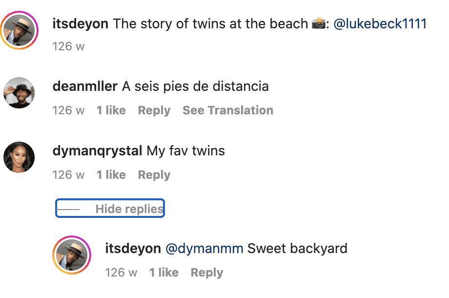 Dyman commenting on Deyon's picture of himself with his twin Dean (@itsdeyon/Instagram)
