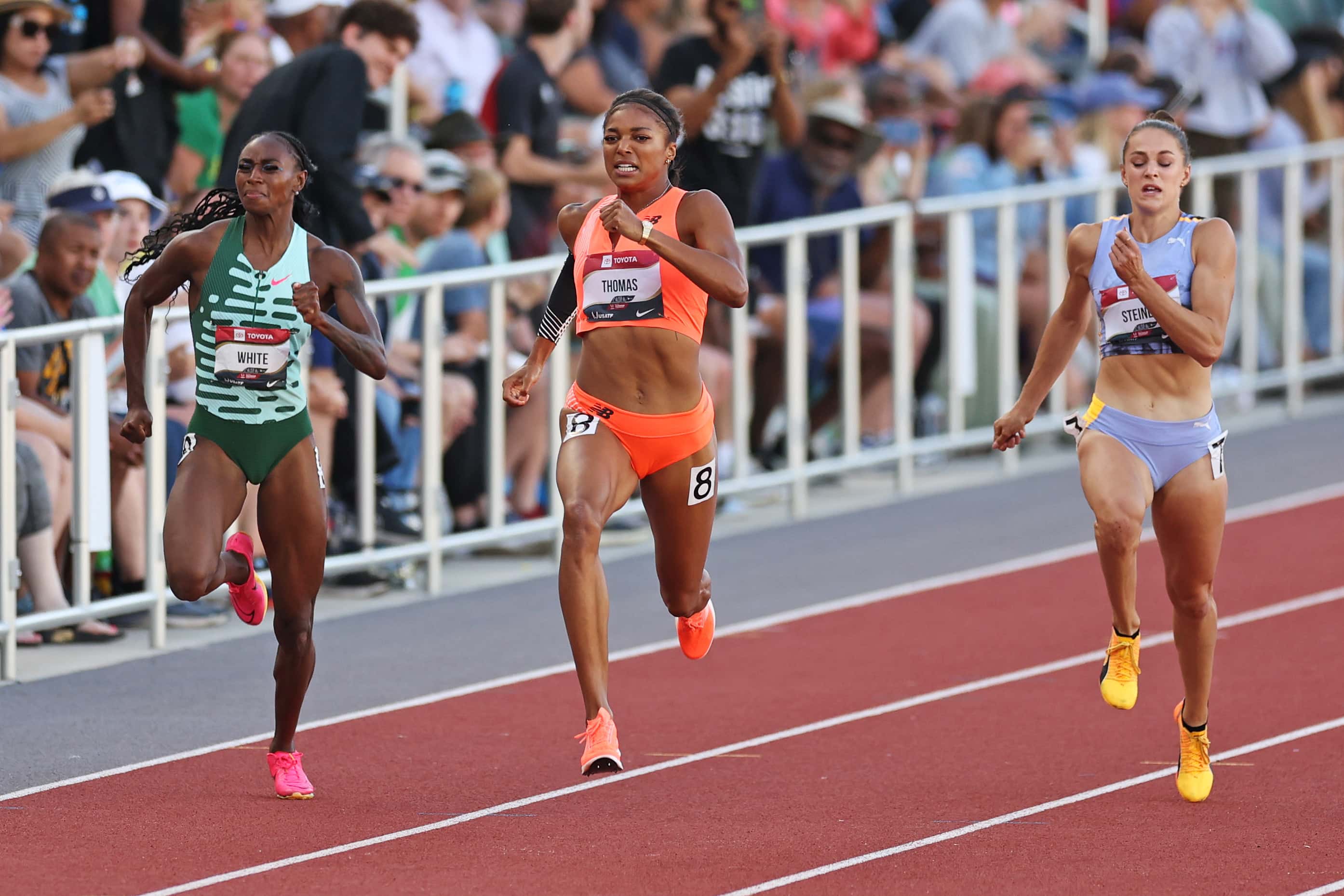 EUGENE, OREGON - JULY 09: Kayla White, Gabby Thomas and Abby Steiner compete in the Women's 200m Final during the 2023 USATF Outdoor Championships at Hayward Field on July 09, 2023 in Eugene, Oregon. (Photo by Christian Petersen/Getty Images)