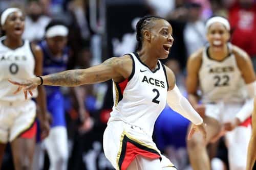 Riquna Williams #2 of the Las Vegas Aces celebrates during the fourth quarter against the Connecticut Sun in game four of the 2022 WNBA Finals at Mohegan Sun Arena on September 18, 2022 in Uncasville, Connecticut. NOTE TO USER: User expressly acknowledges and agrees that, by downloading and or using this photograph, User is consenting to the terms and conditions of the Getty Images License Agreement.
