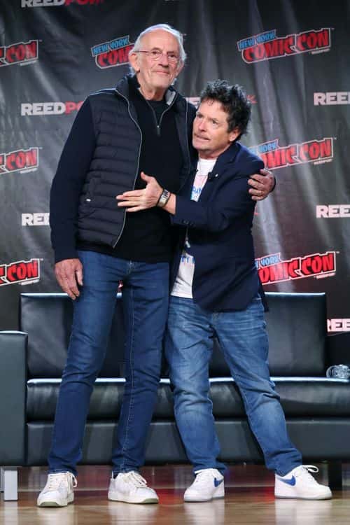 Actors Christopher Lloyd (L) and Michael J. Fox attend a