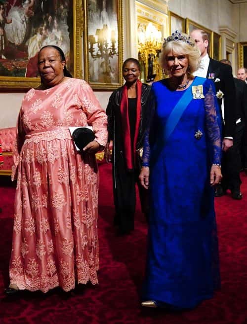 South Africa's Foreign Minister Naledi Pandor and Britain's Camilla, Queen Consort attend a State Banquet at Buckingham Palace on November 22, 2022 in London, England. This is the first state visit hosted by the UK with King Charles III as monarch, and the first state visit here by a South African leader since 2010.