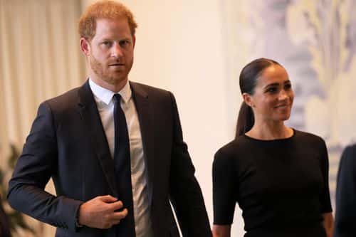 Prince Harry, Duke of Sussex and Meghan, Duchess of Sussex arrive at the United Nations Headquarters on July 18, 2022 in New York City. Prince Harry, Duke of Sussex is the keynote speaker during the United Nations General assembly to mark the observance of Nelson Mandela International Day where the 2020 U.N. Nelson Mandela Prize will be awarded to Mrs. Marianna Vardinogiannis of Greece and Dr. Morissanda Kouyaté of Guinea.