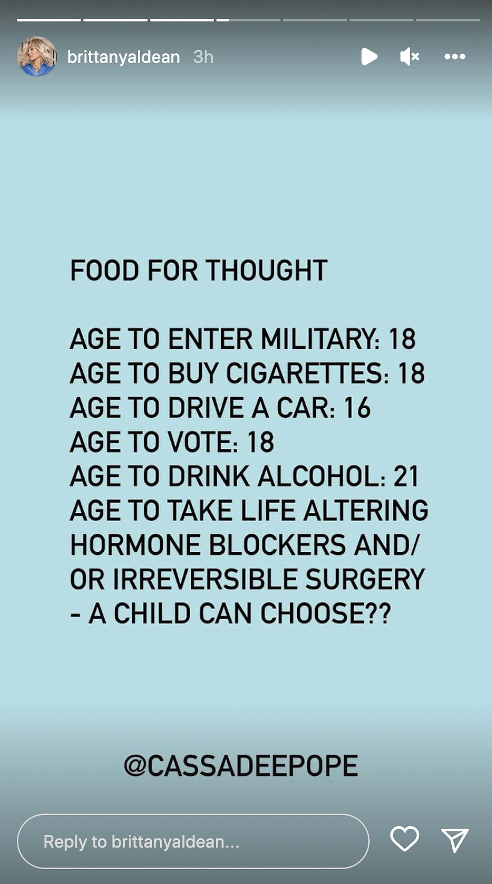 Brittany's response to Pope (brittanyaldean/Instagram)