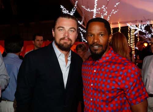 (EXCLUSIVE COVERAGE)  In this handout image provided by Sony, actors Leonardo DiCaprio and Jamie Foxx attend the 