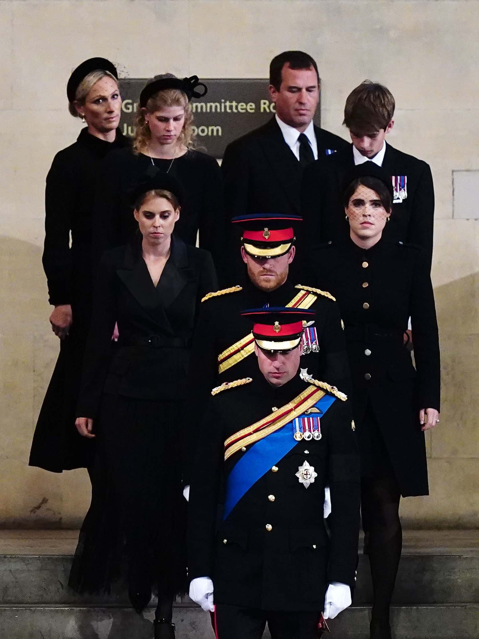 Prince William, Prince of Wales, Prince Harry, Duke of Sussex, Princess Eugenie of York, Princess Beatrice of York, Peter Phillips, Zara Tindall, Lady Louise Windsor, James, Viscount Severn arrive to hold a vigil in honour of Queen Elizabeth II at Westminster Hall on September 17, 2022 in London, England. Queen Elizabeth II's grandchildren mount a family vigil over her coffin lying in state in Westminster Hall. Queen Elizabeth II died at Balmoral Castle in Scotland on September 8, 2022, and is succeeded by her eldest son, King Charles III.