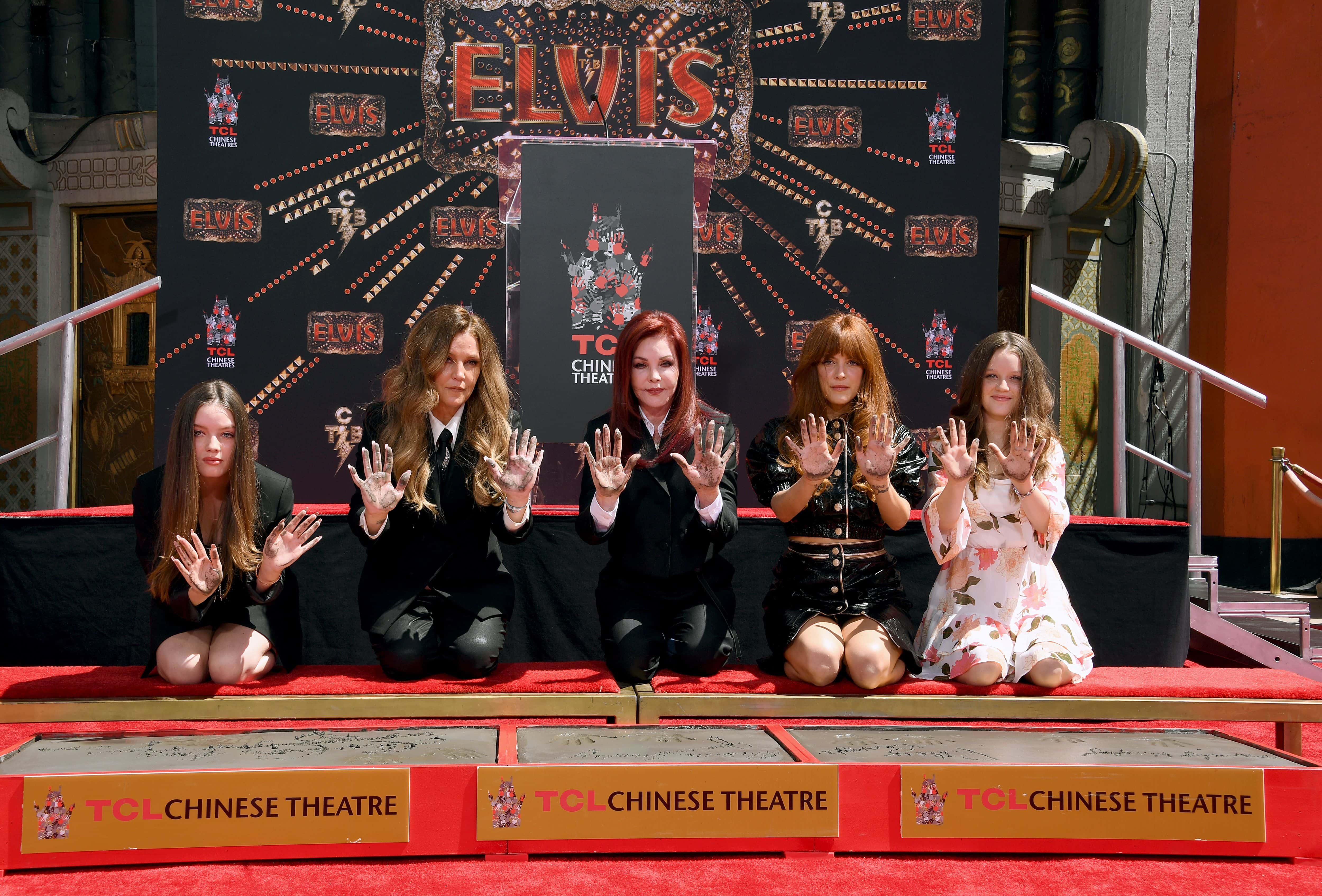 L-R) Harper Vivienne Ann Lockwood, Lisa Marie Presley, Priscilla Presley, Riley Keough, and Finley Aaron Love Lockwood attend the Handprint Ceremony honoring Priscilla Presley, Lisa Marie Presley And Riley Keough at TCL Chinese Theatre on June 21, 2022 in Hollywood, California. (Photo by Jon Kopaloff/Getty Images)
