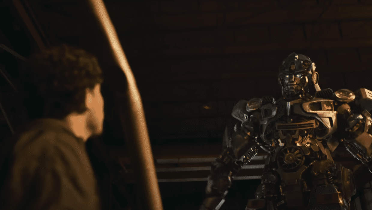 Noah Diaz sees Mirage's Autobot form for the first time in 'Transformers: Rise of the Beasts' (Paramount Pictures)