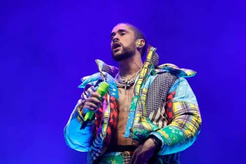 Bad Bunny performs at the Coachella Stage during the 2023 Coachella Valley Music and Arts Festival on April 14, 2023 in Indio, California.