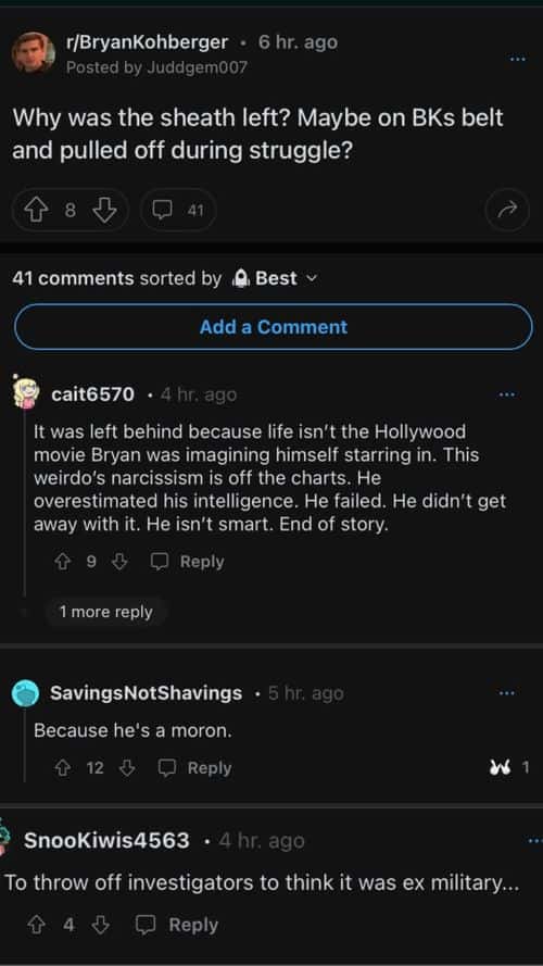 Reddit users discuss why Bryan Kohberger left a knife sheath on the crime scene. 
(Screenshot from Reddit)