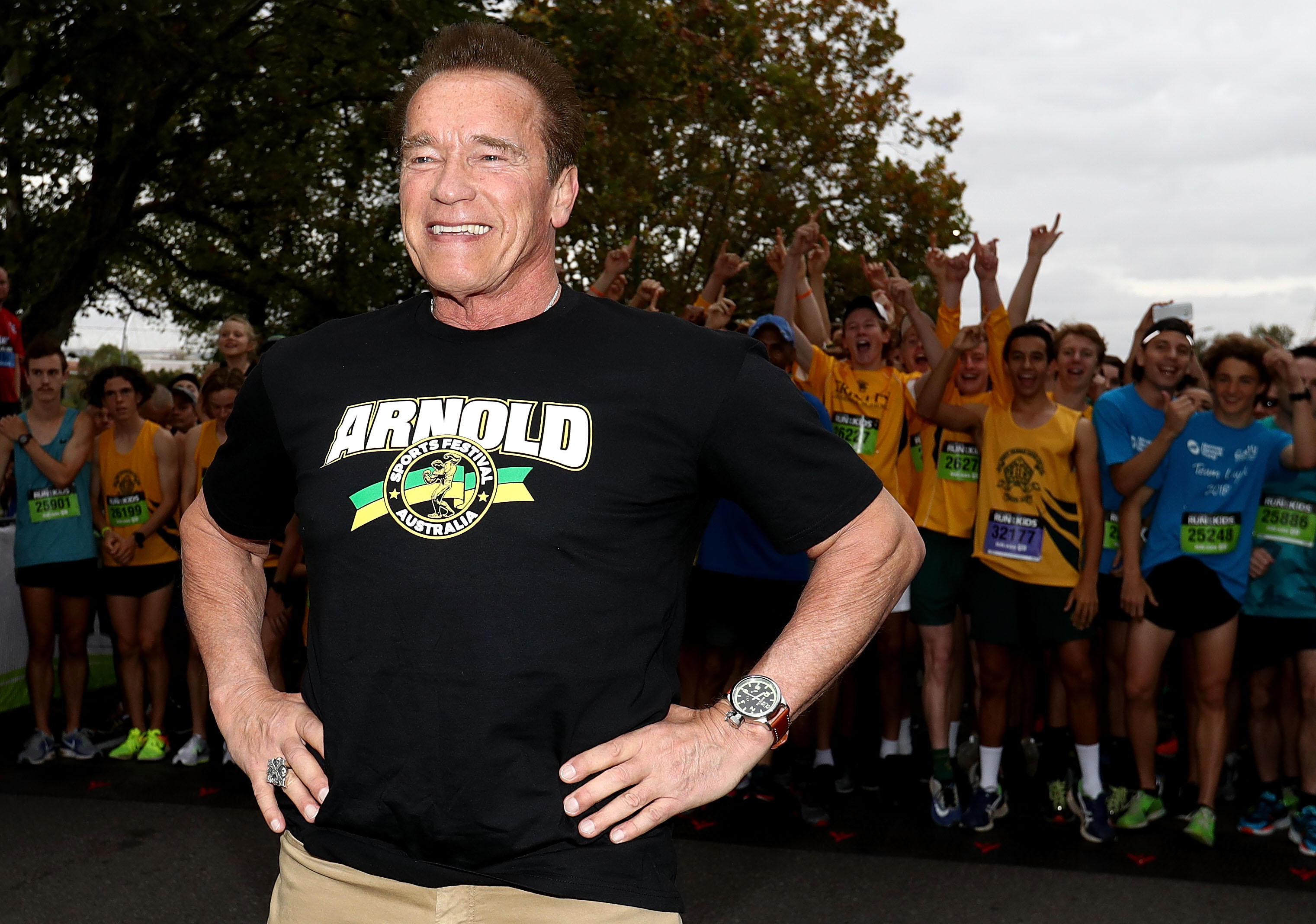 Arnold Schwarzenegger prepares to start the Run for the Kids charity run as part of the Arnold Sports Festival Australia at at the Alexander Gardens on March 18, 2018 in Melbourne, Australia. (Getty)