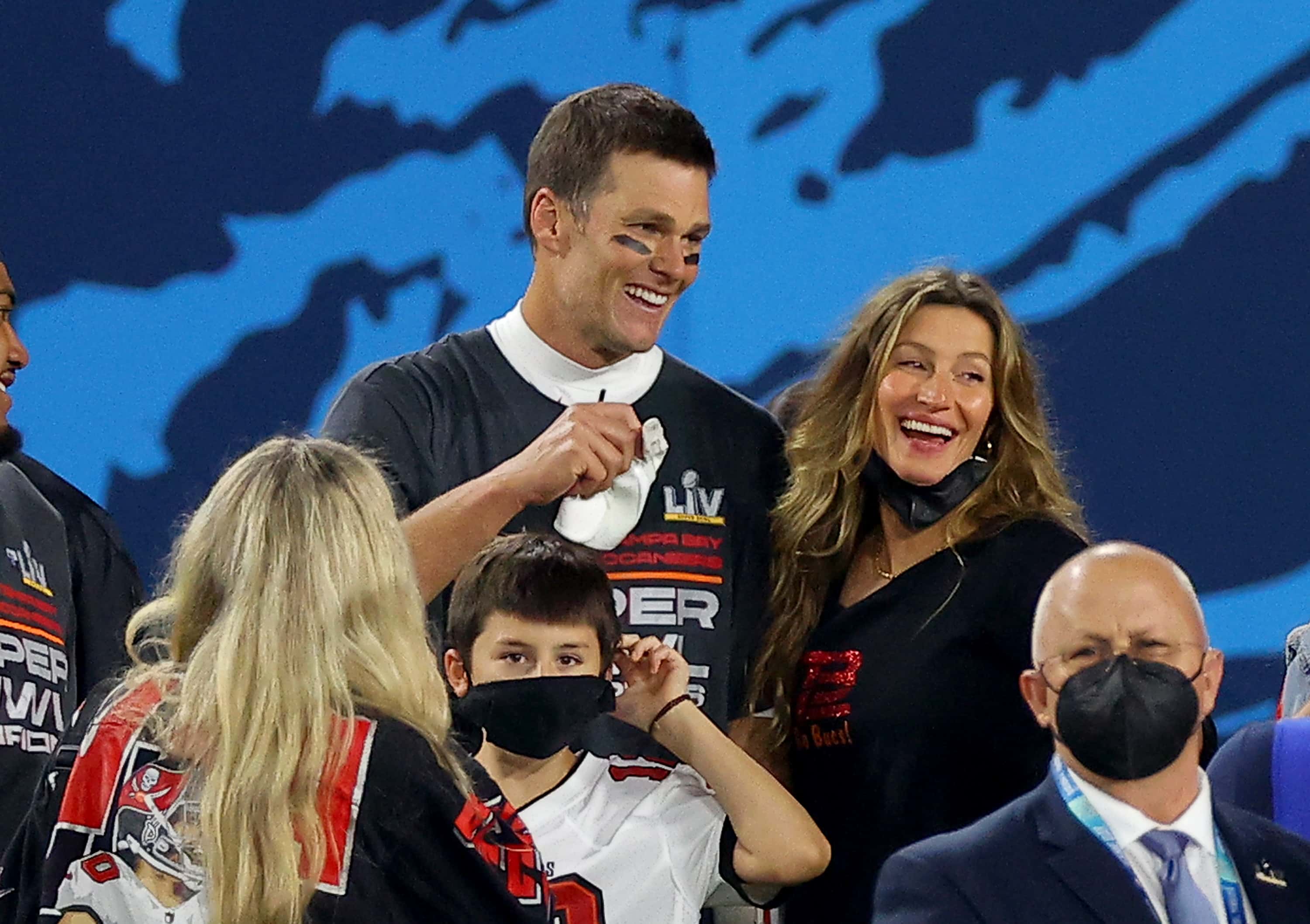 Tom Brady #12 of the Tampa Bay Buccaneers celebrates with Gisele Bundchen after winning Super Bowl LV at Raymond James Stadium on February 07, 2021 in Tampa, Florida.